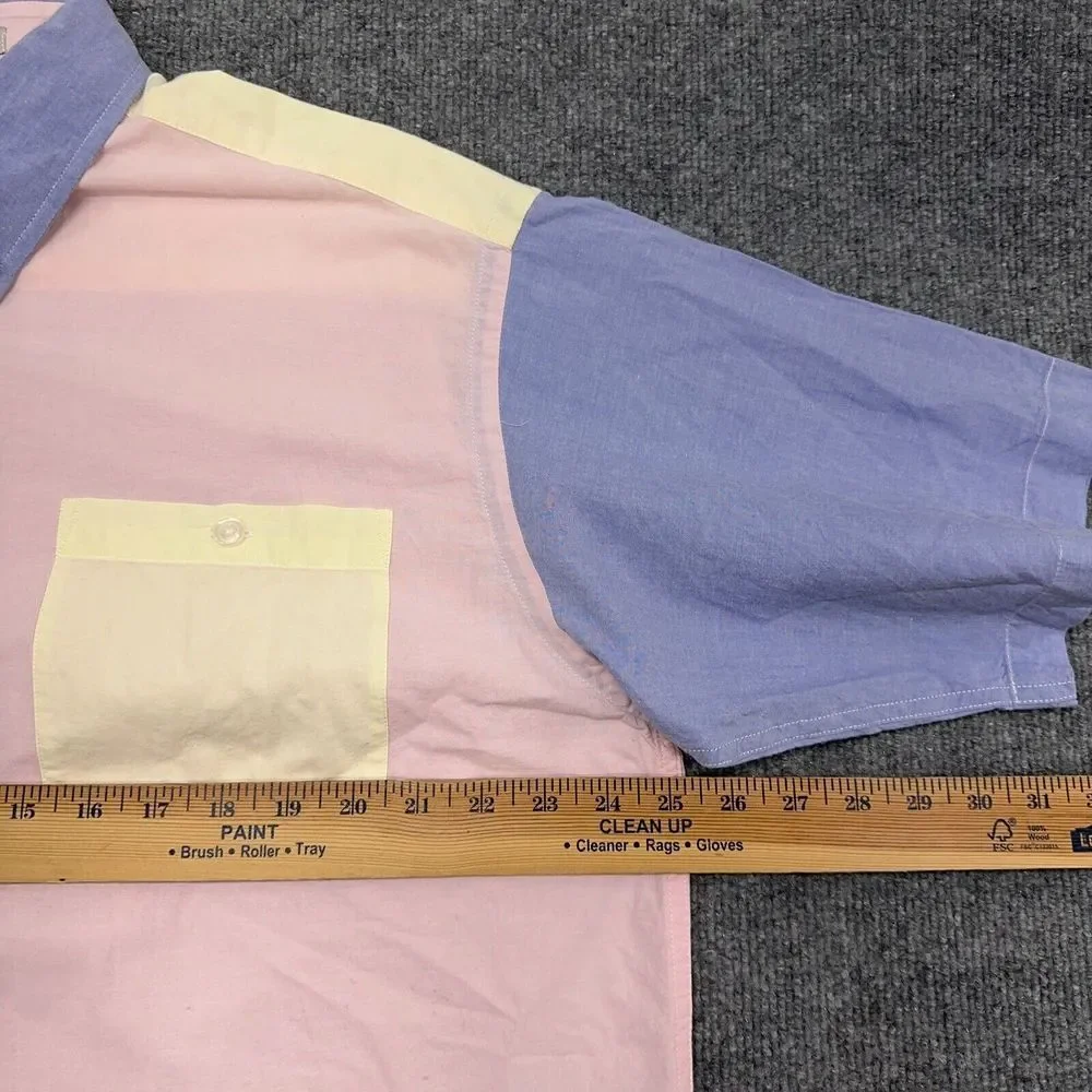 ORVIS Shirt Mens L Pink Blue Yellow Short Sleeve Button Up Colorblock Pastel VTG - Picture 6 of 8